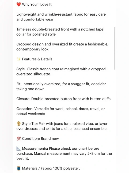 Cropped Trench Coat Oversized Double Breasted Classic Chic Fall Jacket new - Picture 10 of 10